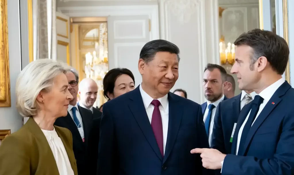 Ursula von der Leyen, Xi Jinping and Emmanuel Macron